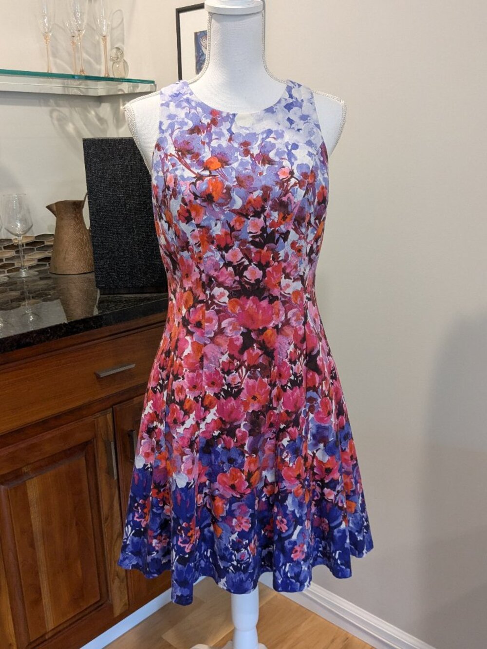 Maggy London Petites 12P Fit & Flare Floral Dress Sleeveless Tulle Lining Pink